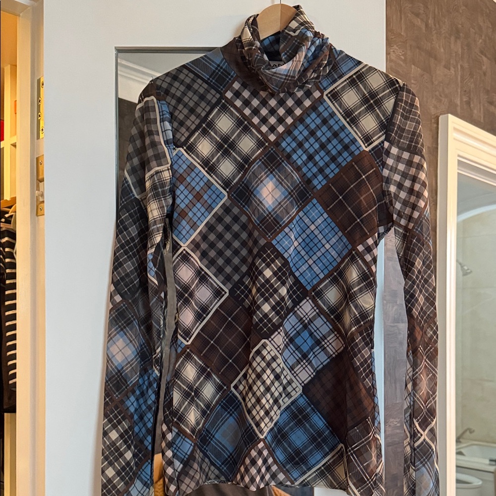Ganni Plaid Turtleneck Top in Blue and Brown